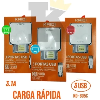 Carregador Turbo 3 Tipos de Conector 3.1A, USB C, Android V8, IPHONE Lightning, Kaidi 2 Entradas