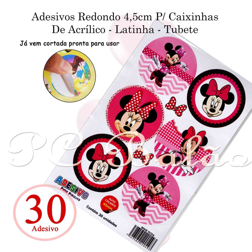 30 Rótulos Adesivos Minnie ROSA para colocar Tubete, Latinha, Caixa  Acrílica 4,5cm Redondo