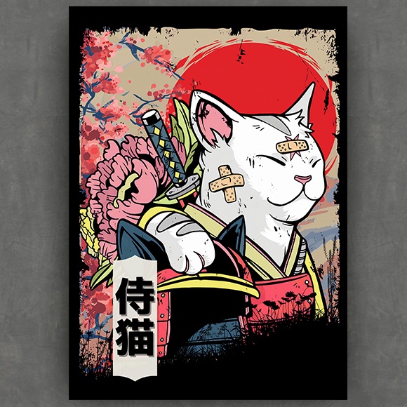 Gato Ninja Oriental Samurai, Quadro com Moldura 33x24cm