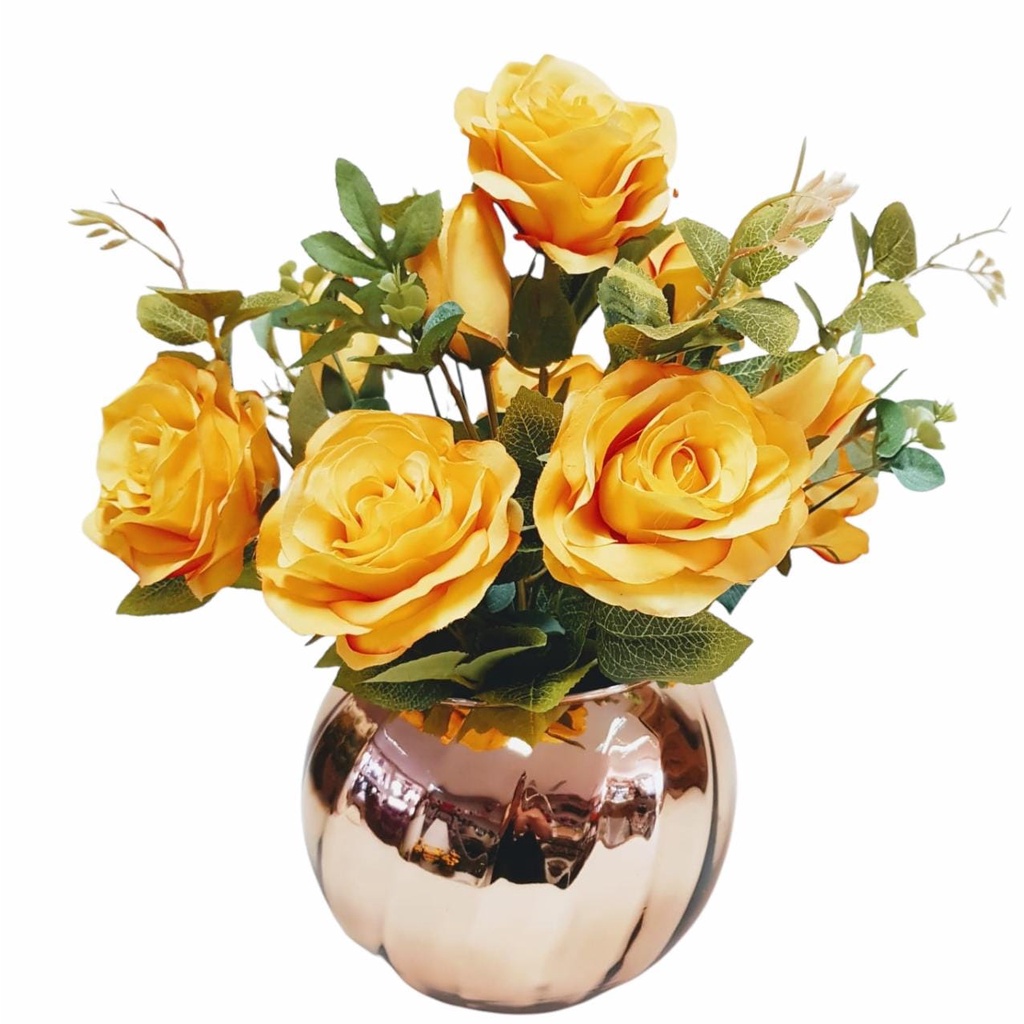 Decoração Mesa De Jantar Flores Artificiais Rosas + Vaso Luxo Enfeite Casa