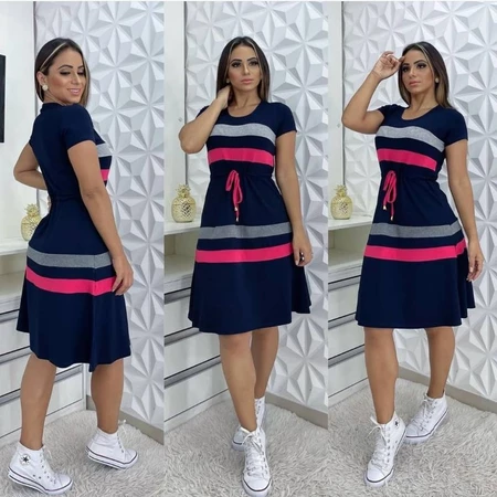 Vestido Náutico Evangélico Manga Curta Malha Viscolycra com Cordão de Ajuste na Cintura Moda evangélica