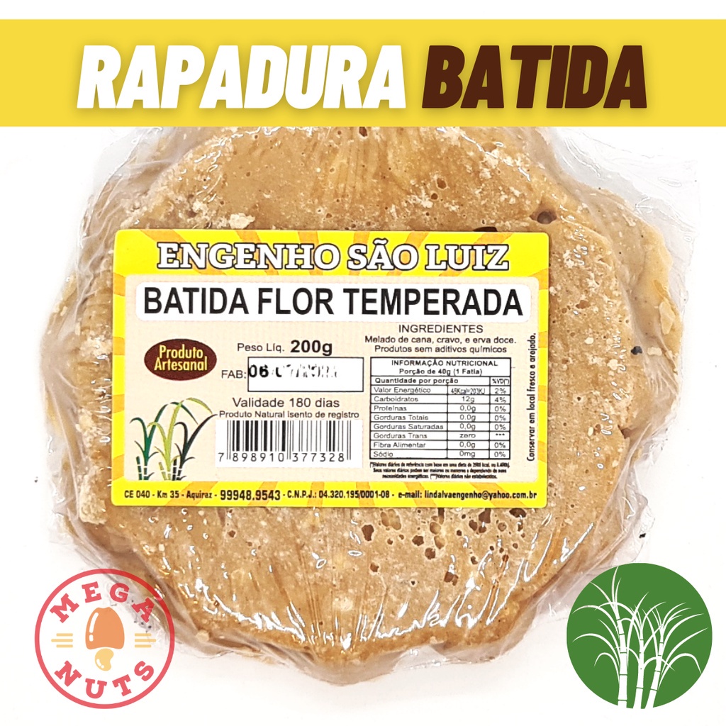 Rapadura Batida Temperada Flor 200g Doce de Cana de Açúcar | Shopee Brasil