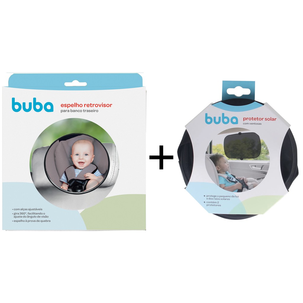 kit Completo Espelho Retrovisor + Espelho Para Banco Traseiro + Kit 2  Protetor Solar Carro Infantil Para Carro Com Ventosa Protege Sol Buba bebe