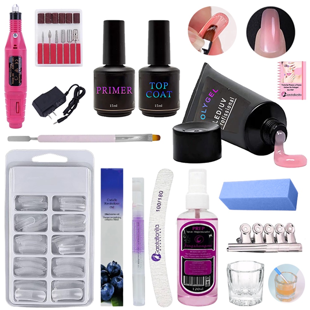 Kit Polygel Garota Bonita Unhas Gel Molde F1 Top Coat Primer Kit