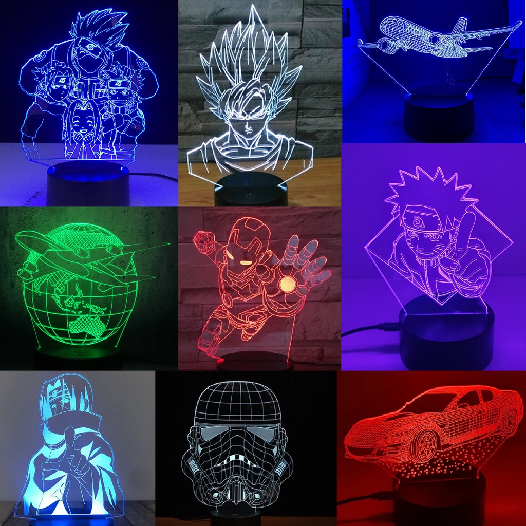 Luminária abajur de mesa estilo 3D muda de cor, 7 cores diferentes, vários modelos: goku, naruto, globo, kakashi, homem de ferro