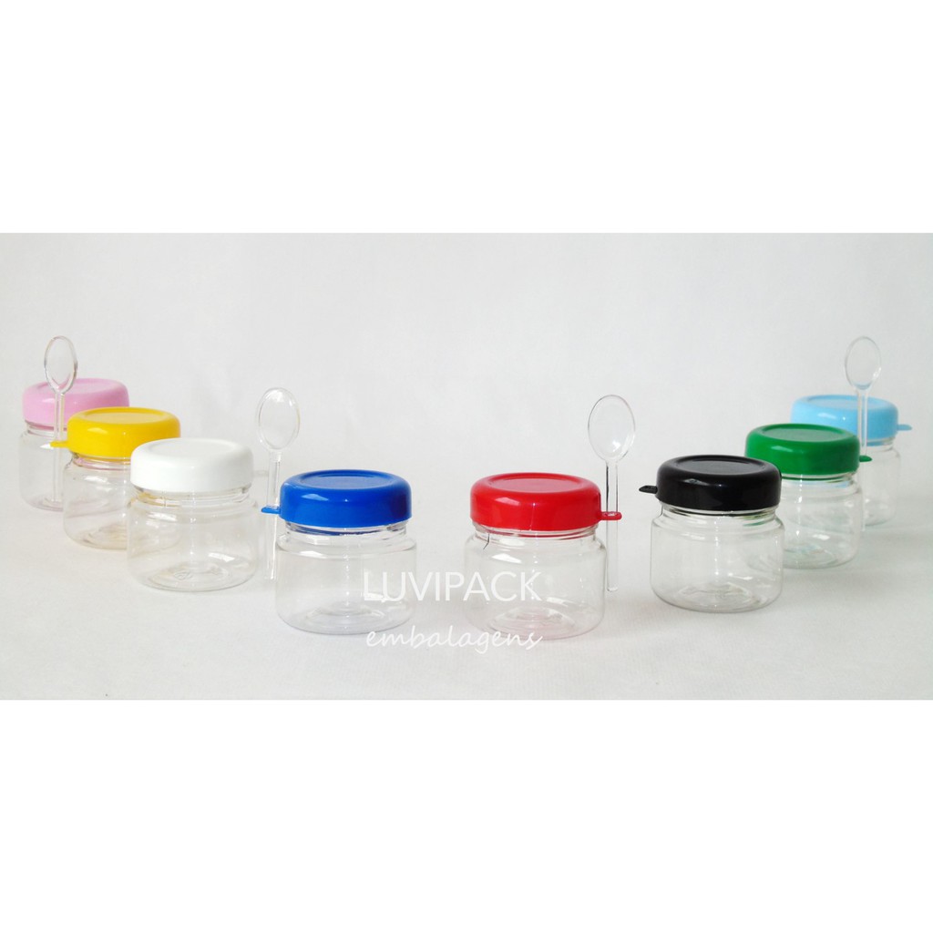 60 Mini Potinho Pet Com Colher 40 Gr Papinha, brigadeiro, doces