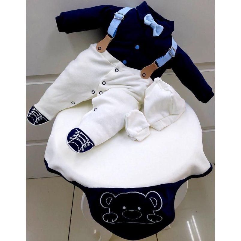 Kit Saída Maternidade Menino Social Suspensório Azul Marinho Bege