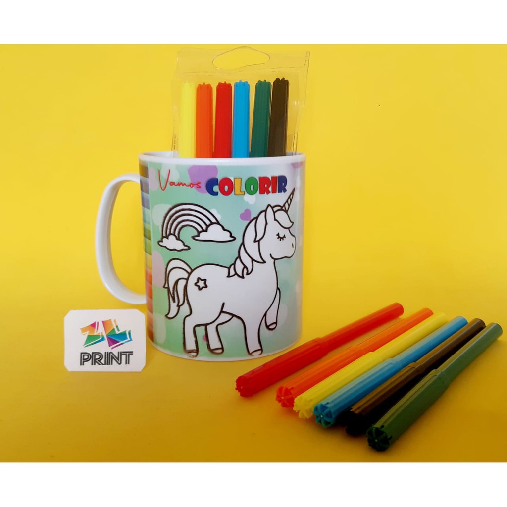 Kit Caneca para pintar Unicórnio + Jogo de canetinhas Laváveis