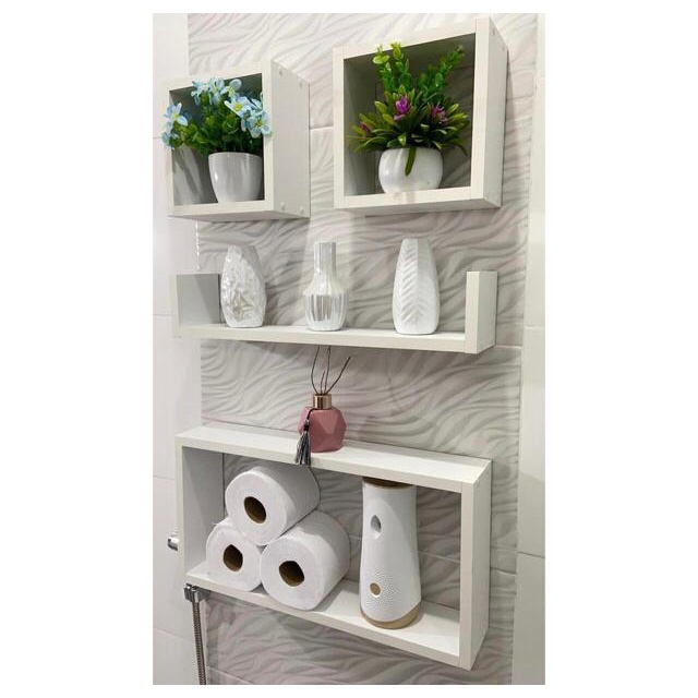 Kit de Nicho C/Prateleira Modelo U e Cubos 4 Peças Para Banheiro Decoração Multiuso Mdf Branco Instalação Invisível suporte invisivel instalaçao discreta