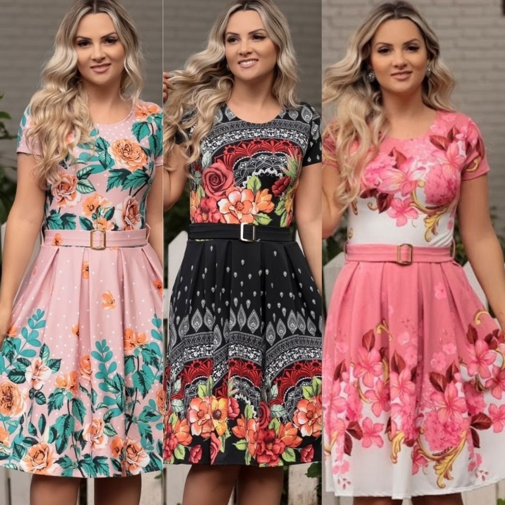 Kit 2 Vestidos Feminina Evangélica Com Prega e Cinto Midi Rodado Promoção