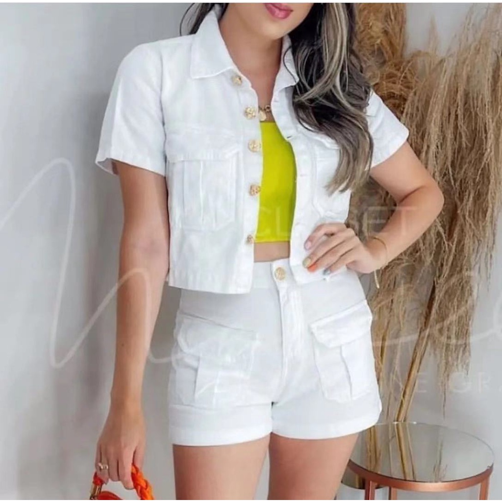 Conjunto Short Blusa Botão Manga