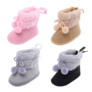 Sapatos De Algodão De Veludo Cor Sólida Para Bebês Fundo Macio Pompom Bebê Botas De Neve
