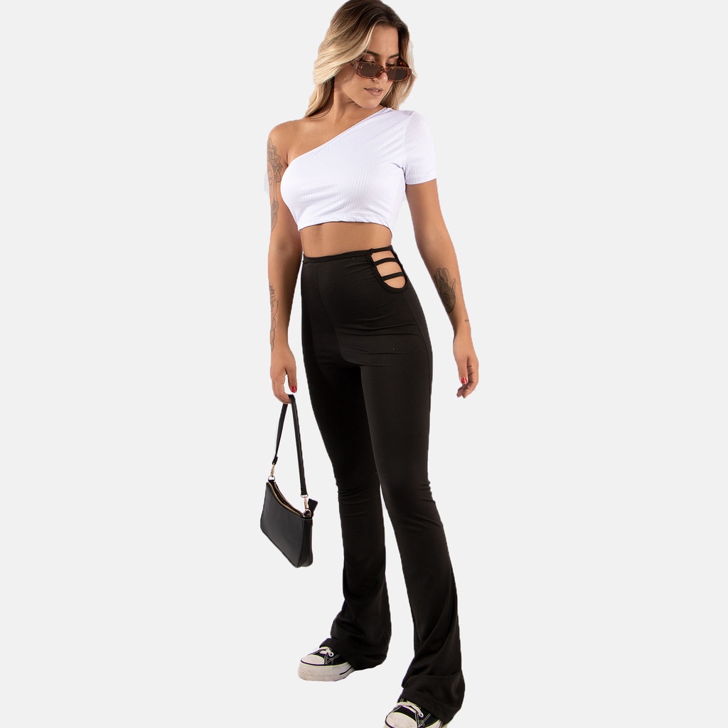 Calça Flare Aberta na Cintura Suplex Moda Tendencia Blogueira Diluxo