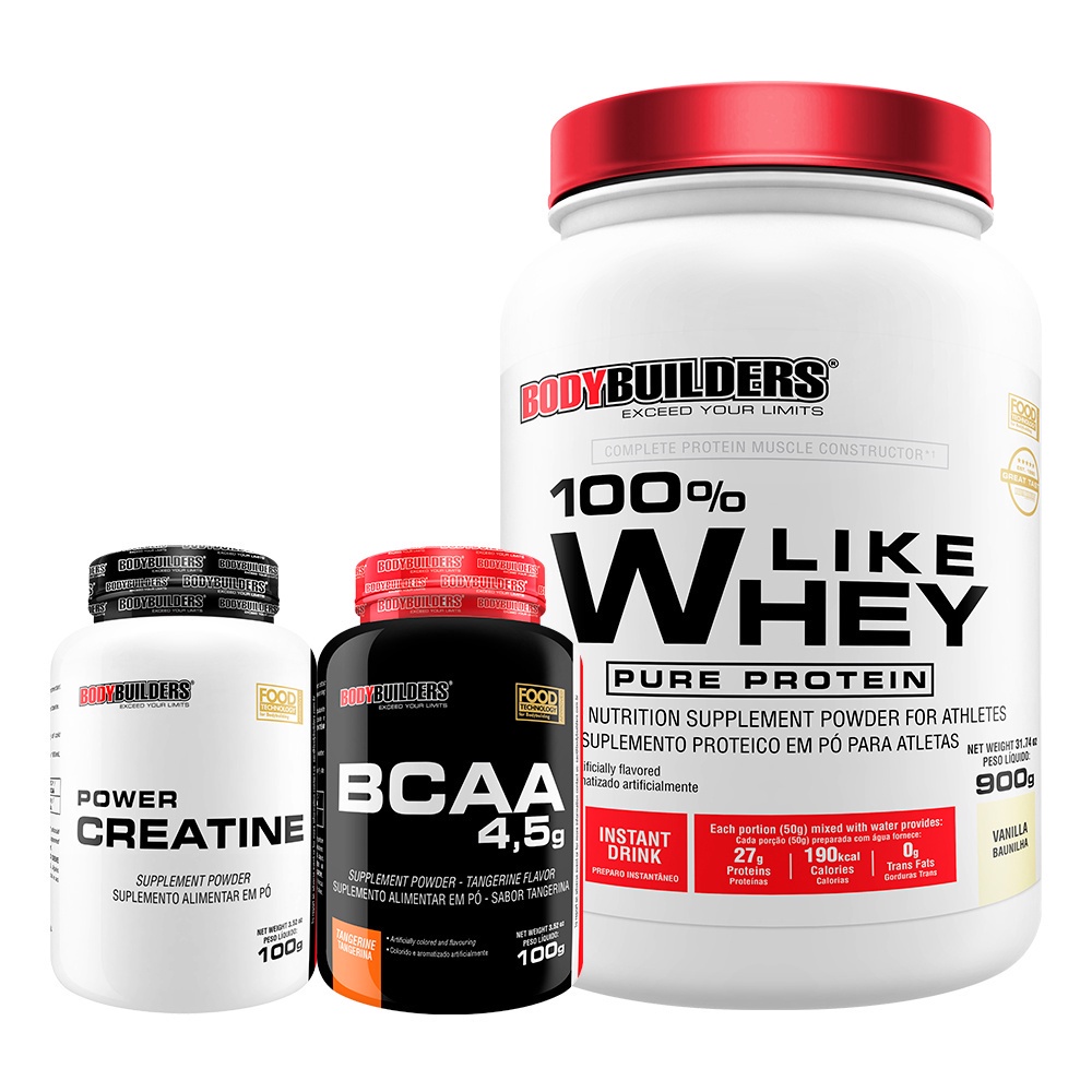 Kit 100% Like Whey Pure Protein 900g + Bcaa 4,5 100g + Power Creatina 100g – Para Alcançar Objetivos Fitness e Atléticos – Bodybuilders