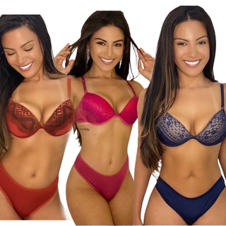 Kit 03 Conjunto Básico Calcinha e Sutiã com Bojo - Moda Íntima