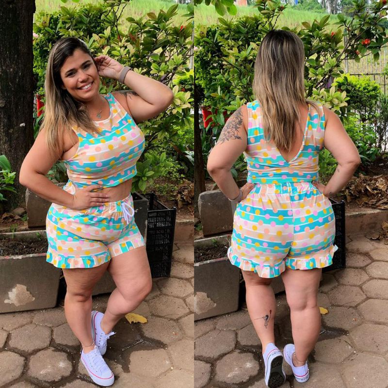 Conjunto Plus Size Short Cropped Gg Moda Jovem Grande Suplex Carnaval Verão