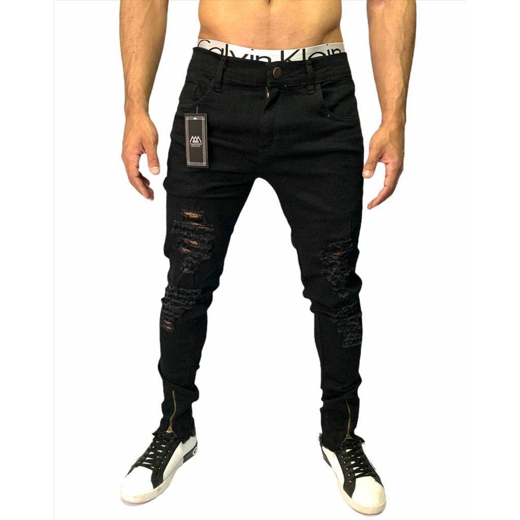 Calças de ganga skinny rasgadas, Jeans Homem