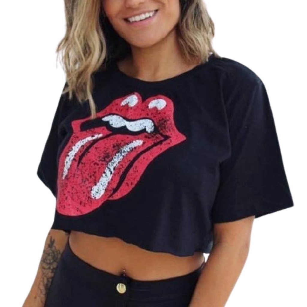 Camisetinha rolling stones Feminina Tumblr T Shirt Cropped Liso Manga Curta