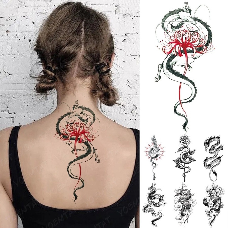 8PCS Waterproof Temporary Tattoo Sticker Black Snake Dragon Totem Flash Tatto Tiger Flowers Roses Body Art main image 1