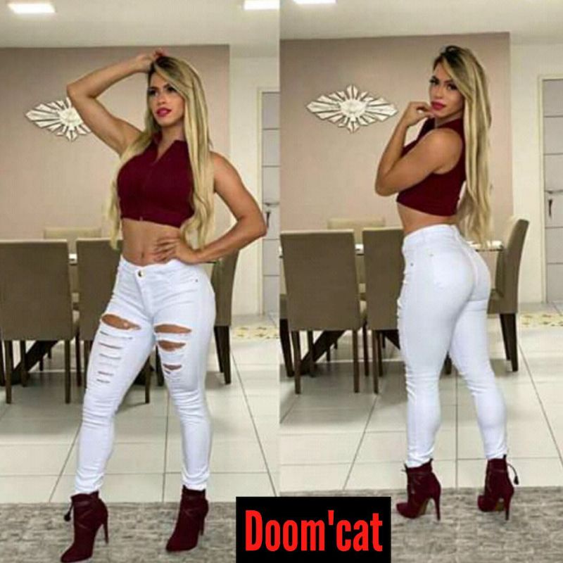 Calça branca rasgada store feminina