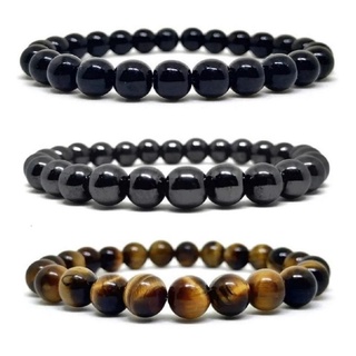 Kit 3 Pulseiras Pedra Natural Ônix Hematita Olho De Tigre