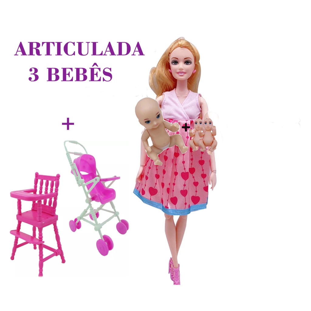 Boneca Gravida Estilo Barbie Andador Carrinho Bonequinha morena