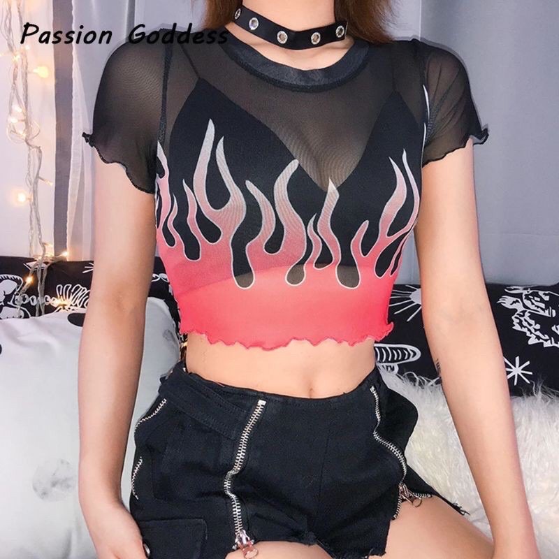 Blusa cropped tule fogo chama aesthetic hipster indie egirl e girl barato