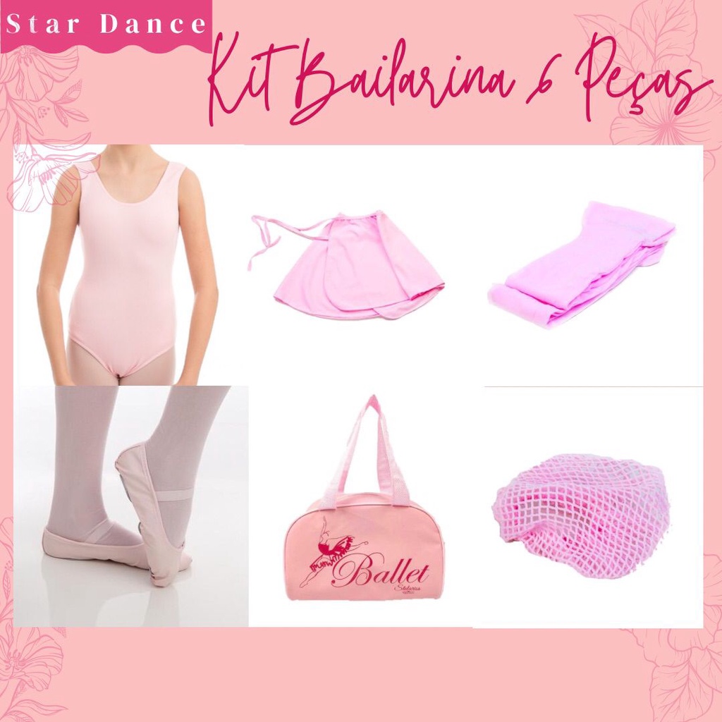 Kit Ballet-Collant Regata+saiaTranspassada+meia+sapatilha+bolsa+redinha ...