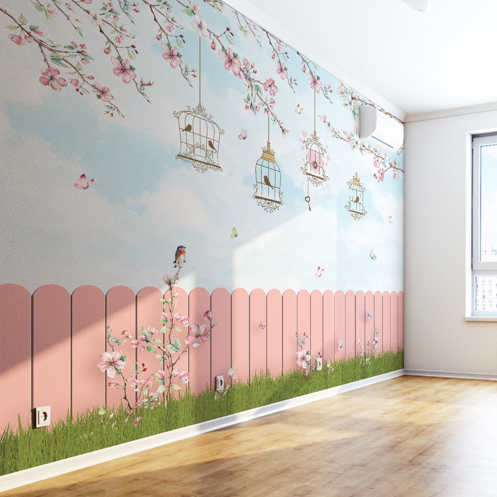 Papel de Parede Infantil Jardim Encantado Gaiola Borboletas e Pássaros Para Quarto de Bebê e Criança