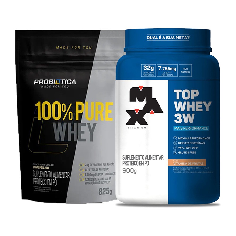Kit 100% Pure Whey 900g Probiotica + Top Whey 3w 900g Max Titanium