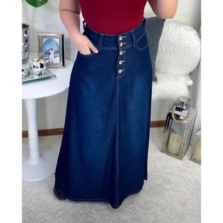 Saia longa jeans gode soltinha moda evangelica social