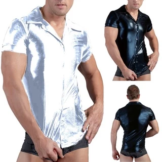 (ONDE) Camiseta Masculina Sexy De Couro Brilhante De Alta Qualidade E Manga Curta Para Festa Noturna