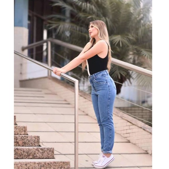 Calça Feminina Jeans Mom Moda Rasgos Luxo Cintura Alta