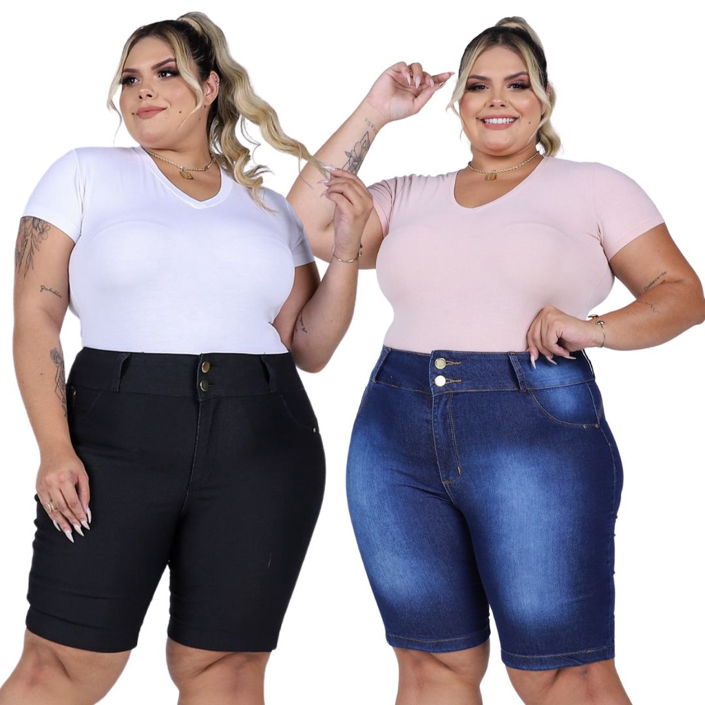 Kit 2 Bermudas Jeans Feminina Plus Size Cintura Alta Com Lycra Elastano ...