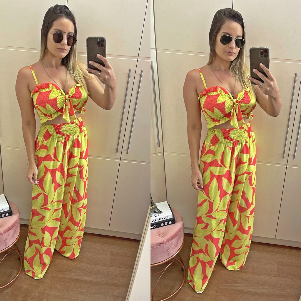 Conjunto Estilo Praia Calça Pantalona com Top Cropped Estampadas Boho –  ArckaShop