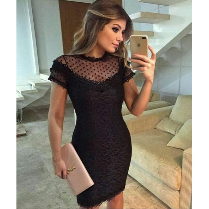 Vestido preto com renda sales curto