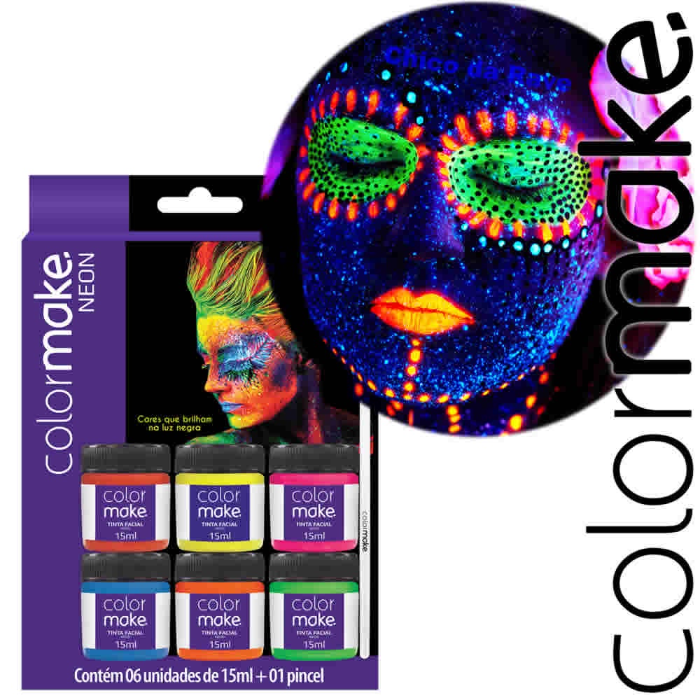 Kit blush facial e corporal com pincel Colormake neon fluorescente com