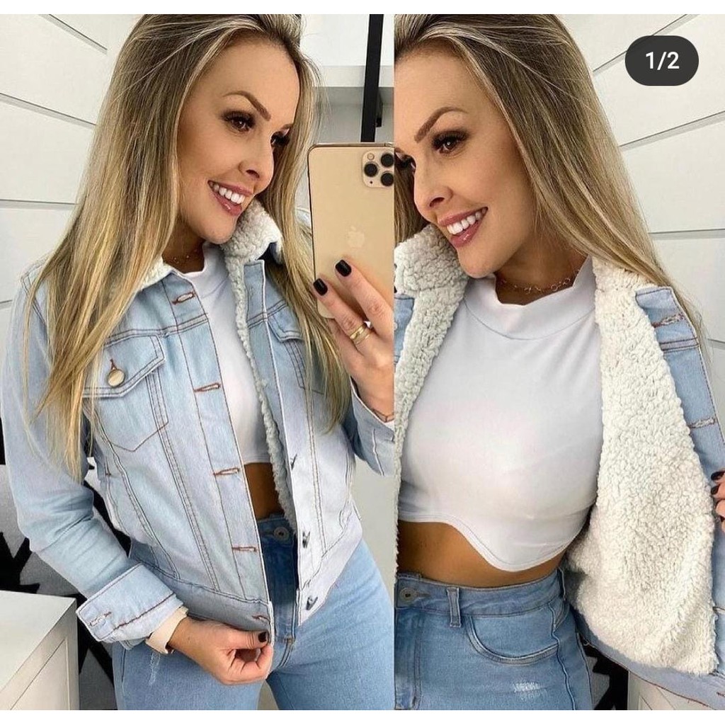 Jaqueta jeans feminina hot sale forrada com pelo