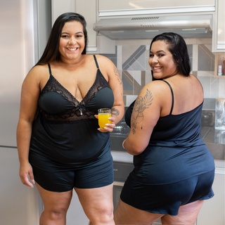 Short Doll Plus Size Romance Preto Detalhe Renda Cós 214.05