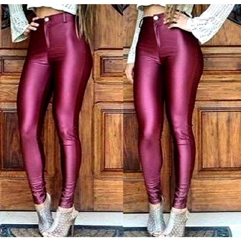 Calça Disco Cirrê Hot Pants Cintura Alta Legging Com Bolso e Ziper Couro  Fake Lycra