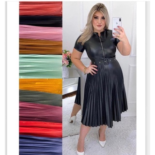 Vestido plissada cirre MIDI Rodado Moda Evangelic com cinto cod 086