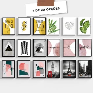 Kit 3 Quadros Decorativos Grande Moldura e Vidro Para Sala Quarto Abstrato Geométrico Folhagem