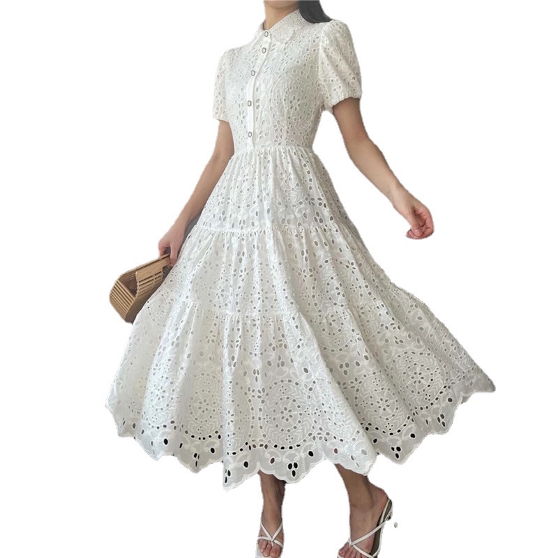 Mulheres Elegantes Do Vintage Verão Bordado Oco Out Midi Vestidos Longos Lady Boho A Linha Frocks