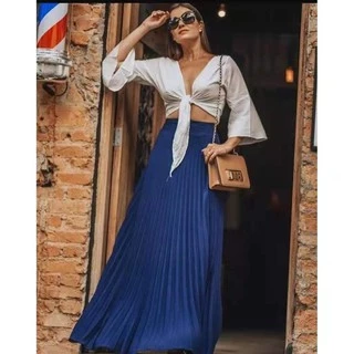 Saia Longa Plissada Feminina Tecido Elanca com Forro Princesa Festa Social Moda