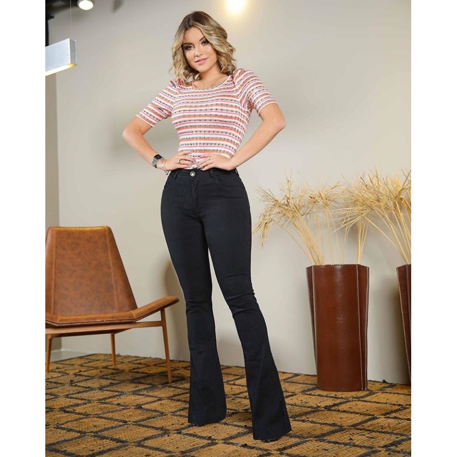 Calça Jeans Flare Preta Cintura Alta Corte Moderno Moda Feminina