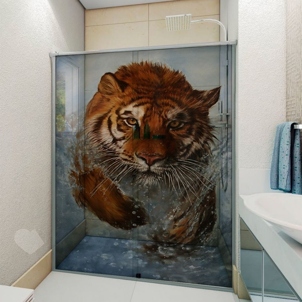 Adesivo Para Box De Banheiro 3d Tigre Andando Largura Total Até 120cm