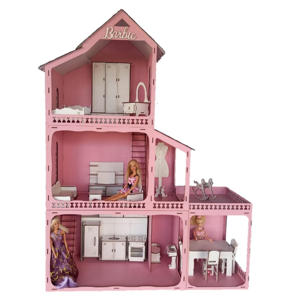Casa casinha da Boneca Barbie em MDF 112 cm + 22 MÓVEIS BRANCO | Shopee ...