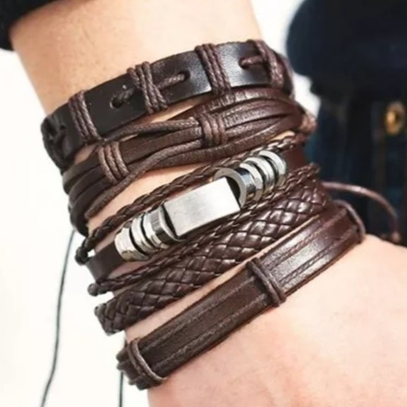 Pulseira Masculina Couro Marrom Trançado Jogo Com 5 Un B7001