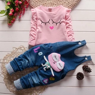 Baby Girl Printed Long Sleeve T-shirt+Jeans With Straps Set