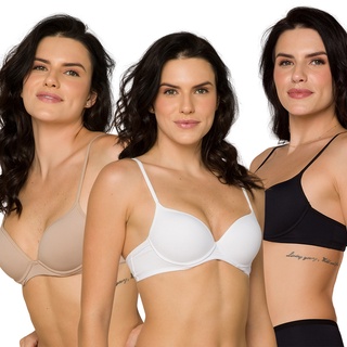 Kit 3 Sutiã Básico Em Microfibra Com Bojo Preto Chocolate Branco Adulto